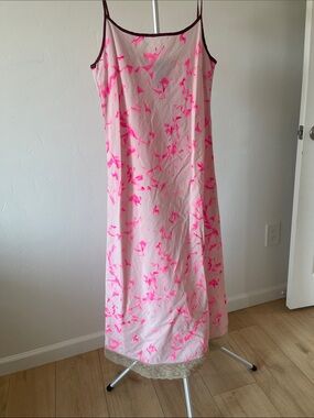 DKNY Hot Pink Brushstroke Lightweight Slip Dress w Burgundy Trim
